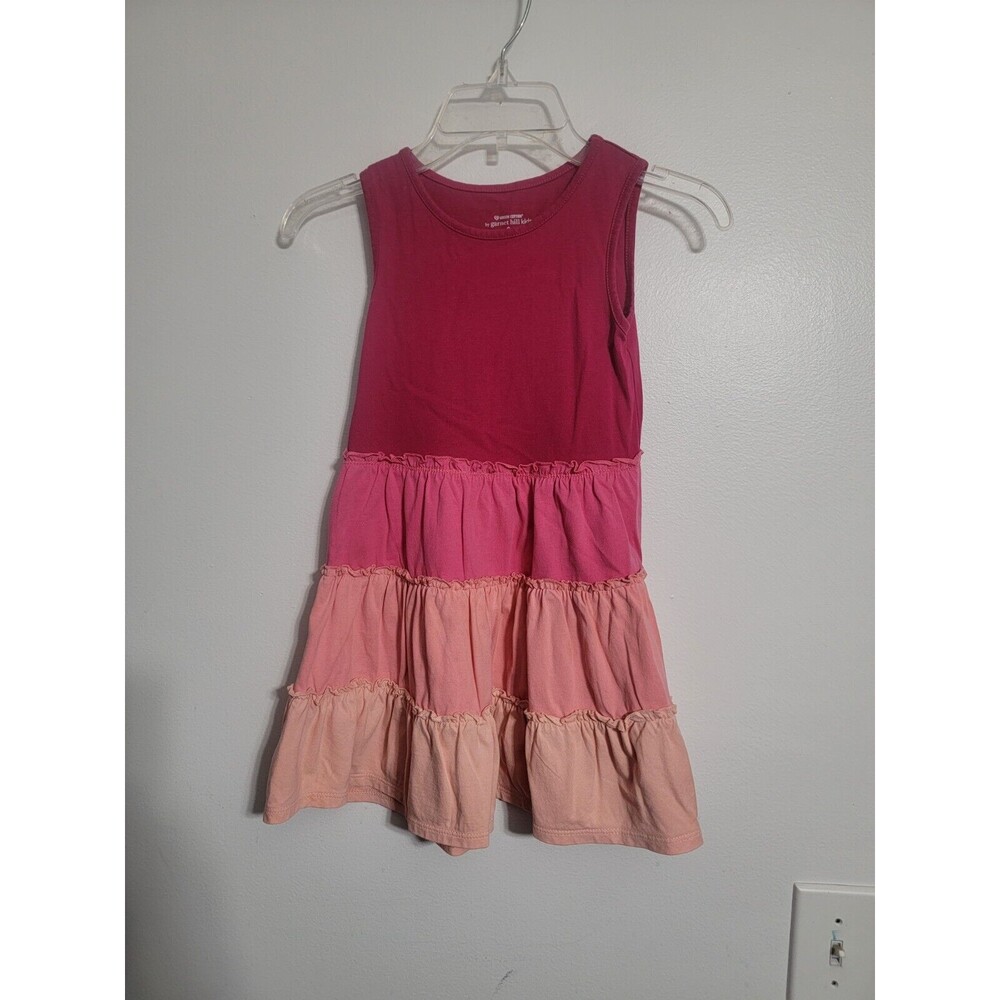 Garnet Hill Green Cotton Organic Dress Girls Small PinkTiered Sleeveless Dress